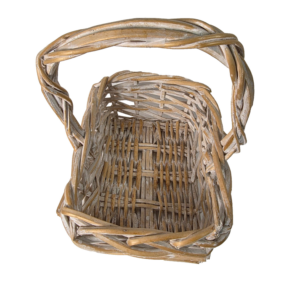 Whitewashed Wicker Basket Tall Handle Rustic Farmhouse Cottagecore Decor 11in
